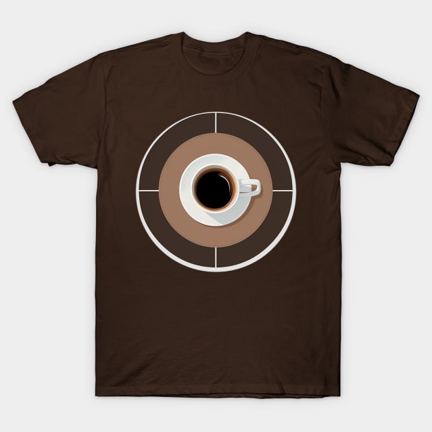 Top-down View of a Coffee Cup on a Brown Plate T-Shirt by CursedContent